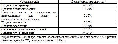 Таблица 1 – Составляющие положительного денежного потока биогазовых проектов